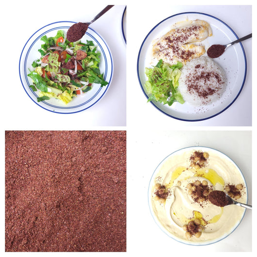 Sumac spice on rice and salad and humus